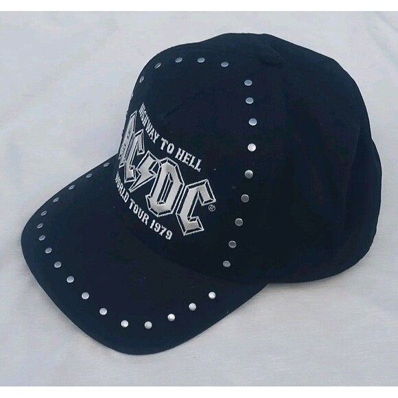 AC/DC Hat Black Studded Snapback Cap Highway To Hell World Tour 1979 Band NWT - Picture 2 of 4